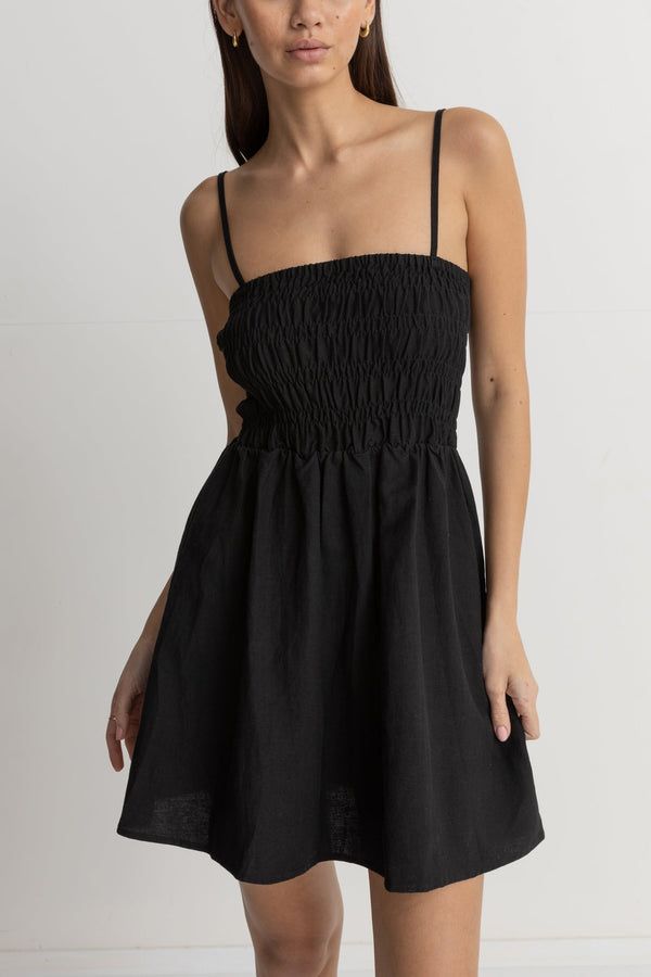 black shirred mini dress Classic Shirred Mini Dress Black – Rhythm New Zealand