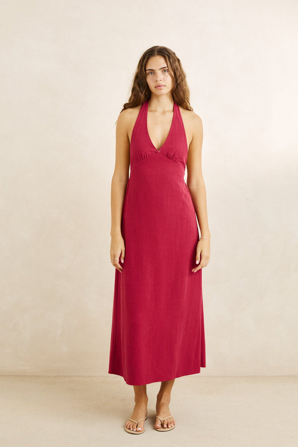 Sunny Days Linen Halter Neck Maxi Dress Wine – Rhythm New Zealand