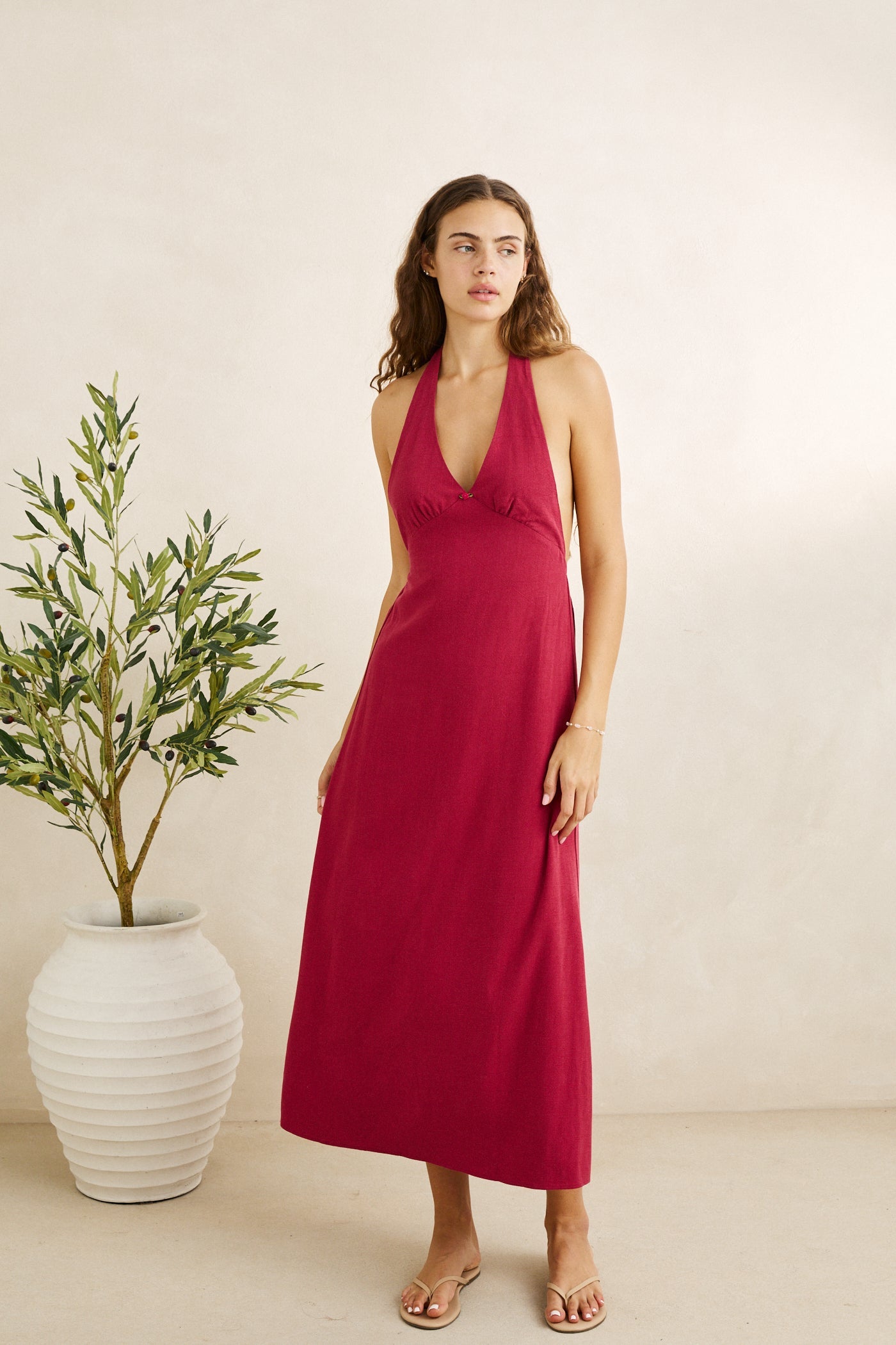 Sunny Days Linen Halter Neck Maxi Dress Wine – Rhythm New Zealand