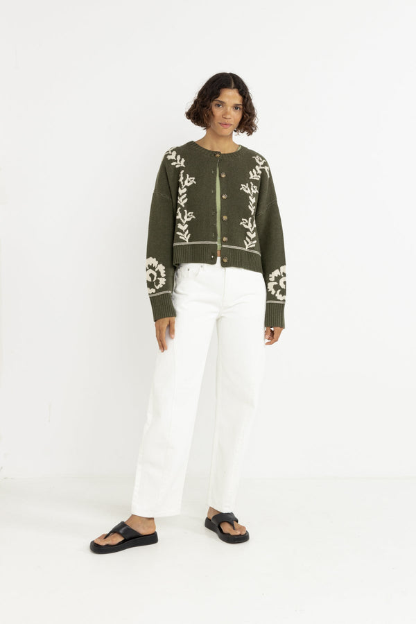 Antique Floral Crop Cardigan Olive
