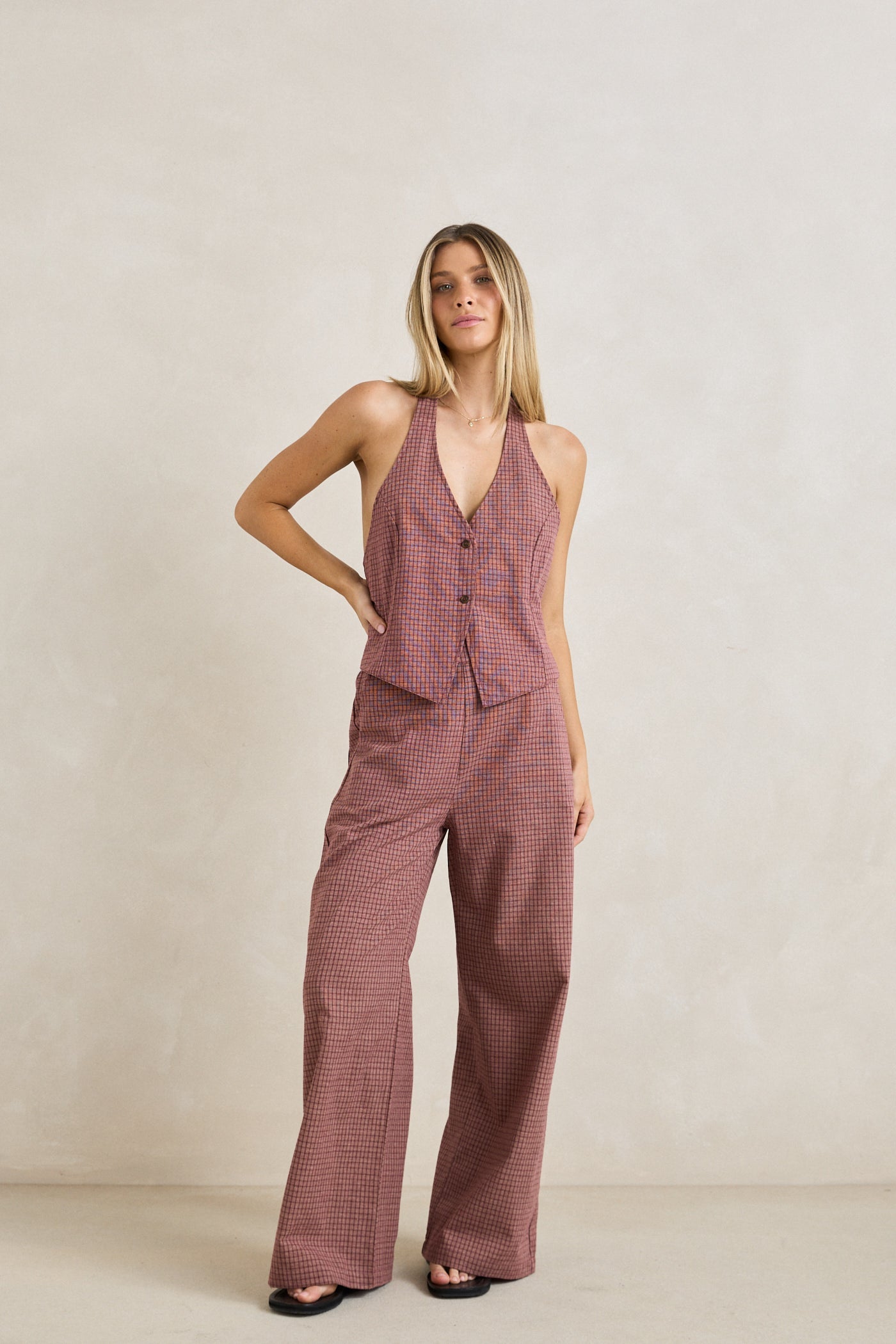 Lucy Check Wide Leg Pant Rust