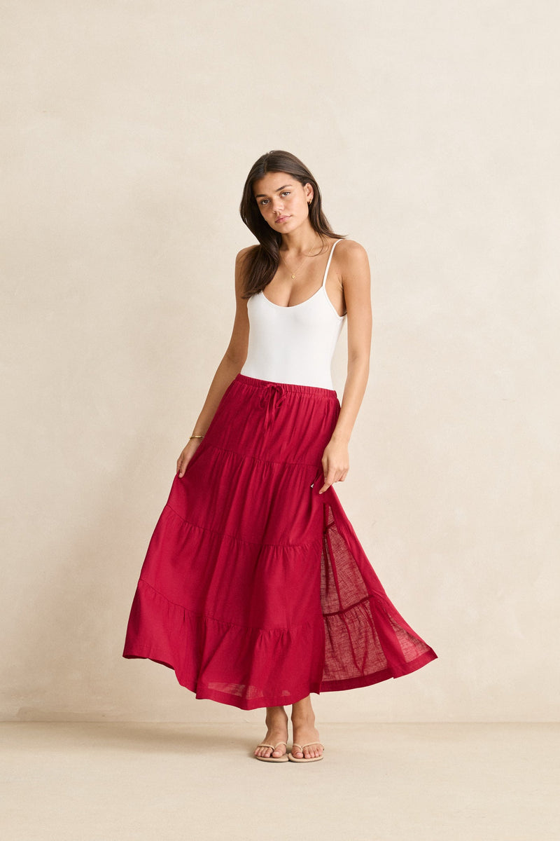 Classic Tiered Maxi Skirt Sangria