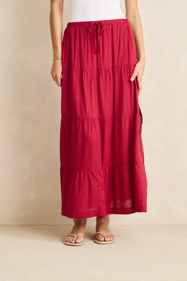 Classic Tiered Maxi Skirt Sangria