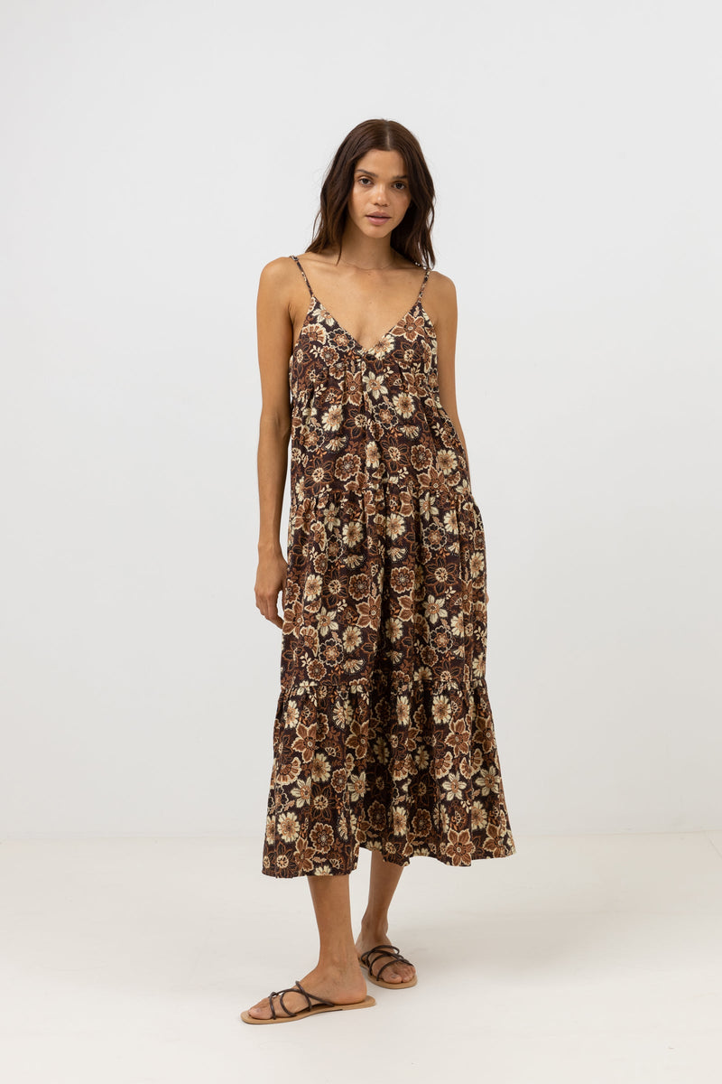 Cantabria Floral Tiered Midi Dress Brown